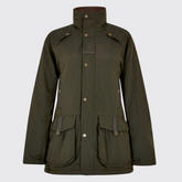 olive green waxed jacket against a white background
